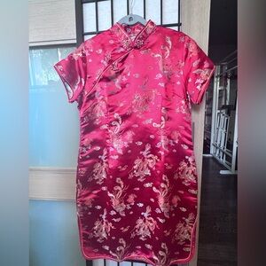 Elegant Satin Cheongsam Dress in Red and Gold
